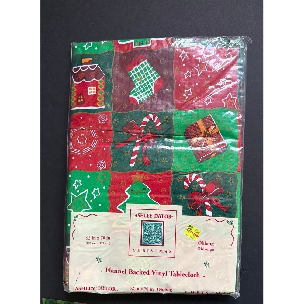 Ashley Taylor Christmas Flannel Backed Vinyl Tablecloth 52x70 Oblong Red Green